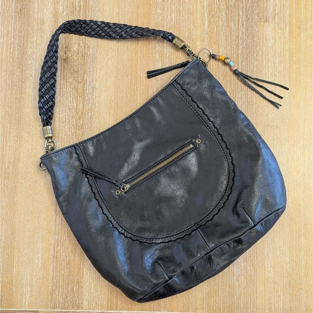 The SAK Indio Black Soft Leather Hobo Braided Shoulder Strap Bag Purse Zip